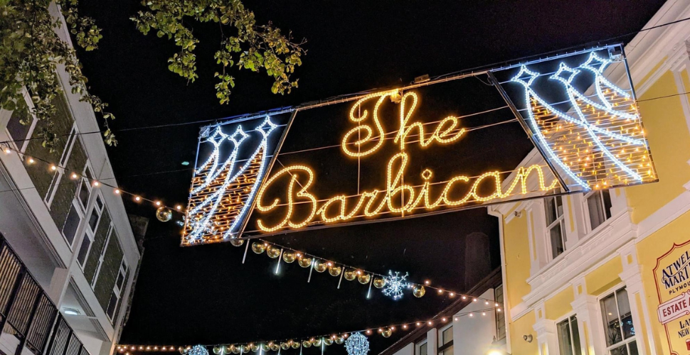 Barbican sign lit up